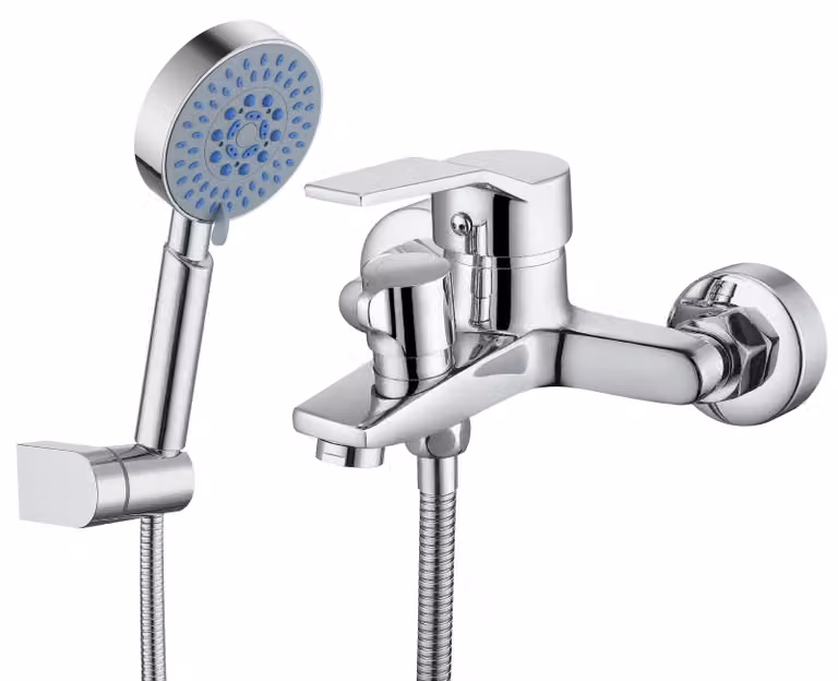 Rubinetto per doccia con soffione a mano, 5 getti, in ottone, cromato, tubo flessibile da 150 cm