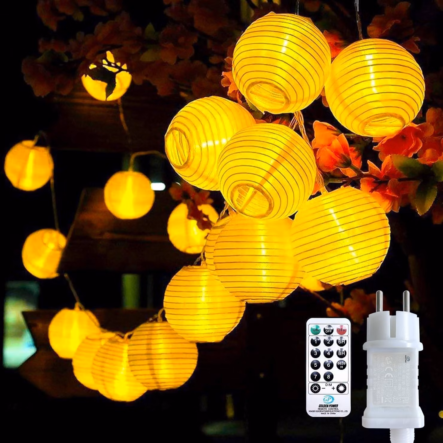 Catena luminosa a LED, 5 metri, 20 lanterne bianche calde, 8 modalità, timer, telecomando