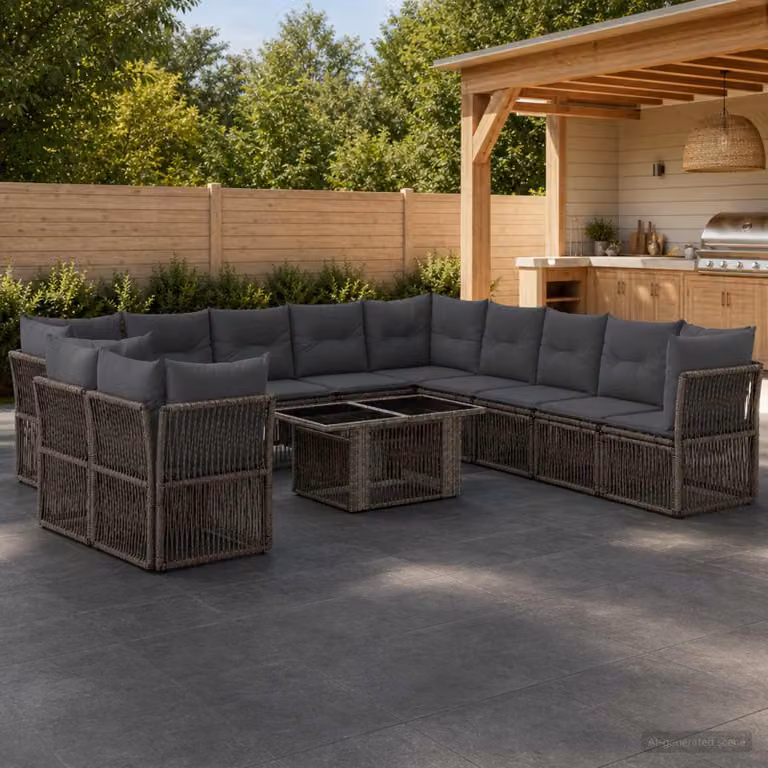 Set Divano da Giardino vidaXL 12 pz a forma di U in Polyrattan Grigio con Tavolino e Cuscini Imbottiti