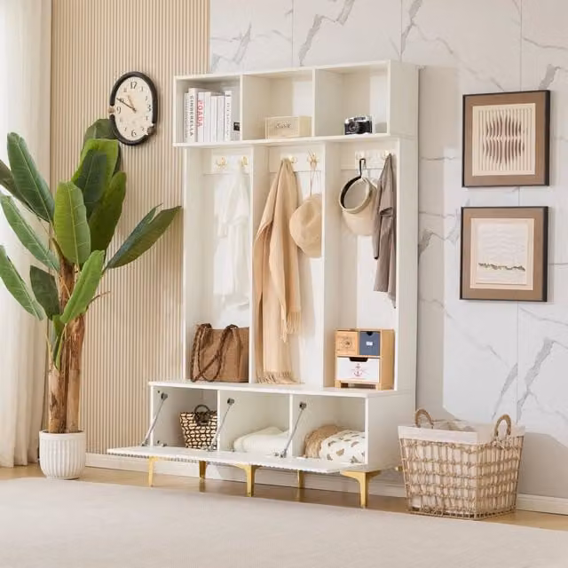 Set di mobili da ingresso MIVRAY con panca contenitore e appendiabiti, design moderno in bianco lucido con dettagli dorati
