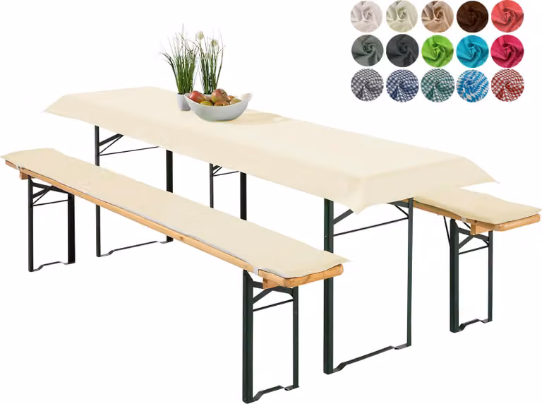 heimtexland ® Set di rivestimenti per set da birreria, 3 pezzi: tovaglia, imbottitura per panca da birreria, cuscino per seduta, decorazione da tavola, tipo 698, ecru, per tavolo da 50x220 cm