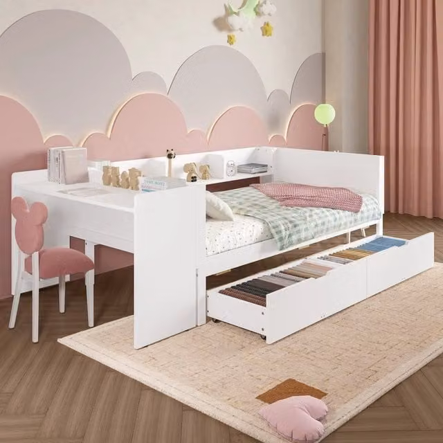 Letto Singolo con Scrivania e Cassetti ¨C MINIMAL ¨C Pino e Multistrato, Bianco, 90x200
