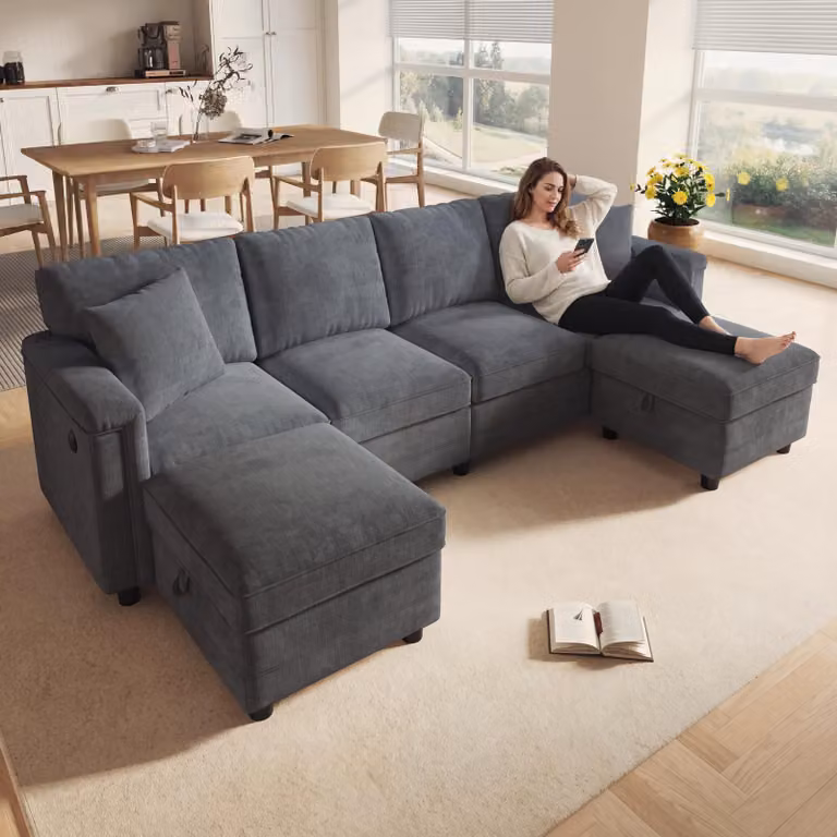 Divano modulare, forma a L o a U, 2 poggiapiedi contenitori, 2 cuscini decorativi, tessuto in chenille, dimensioni 261x134x82 cm