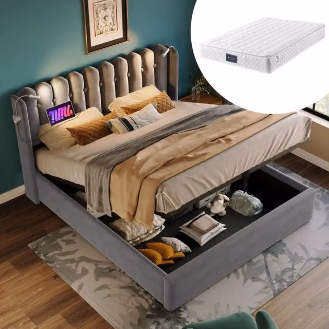 Letto matrimoniale 160x200 cm grigio in velluto con LED USB