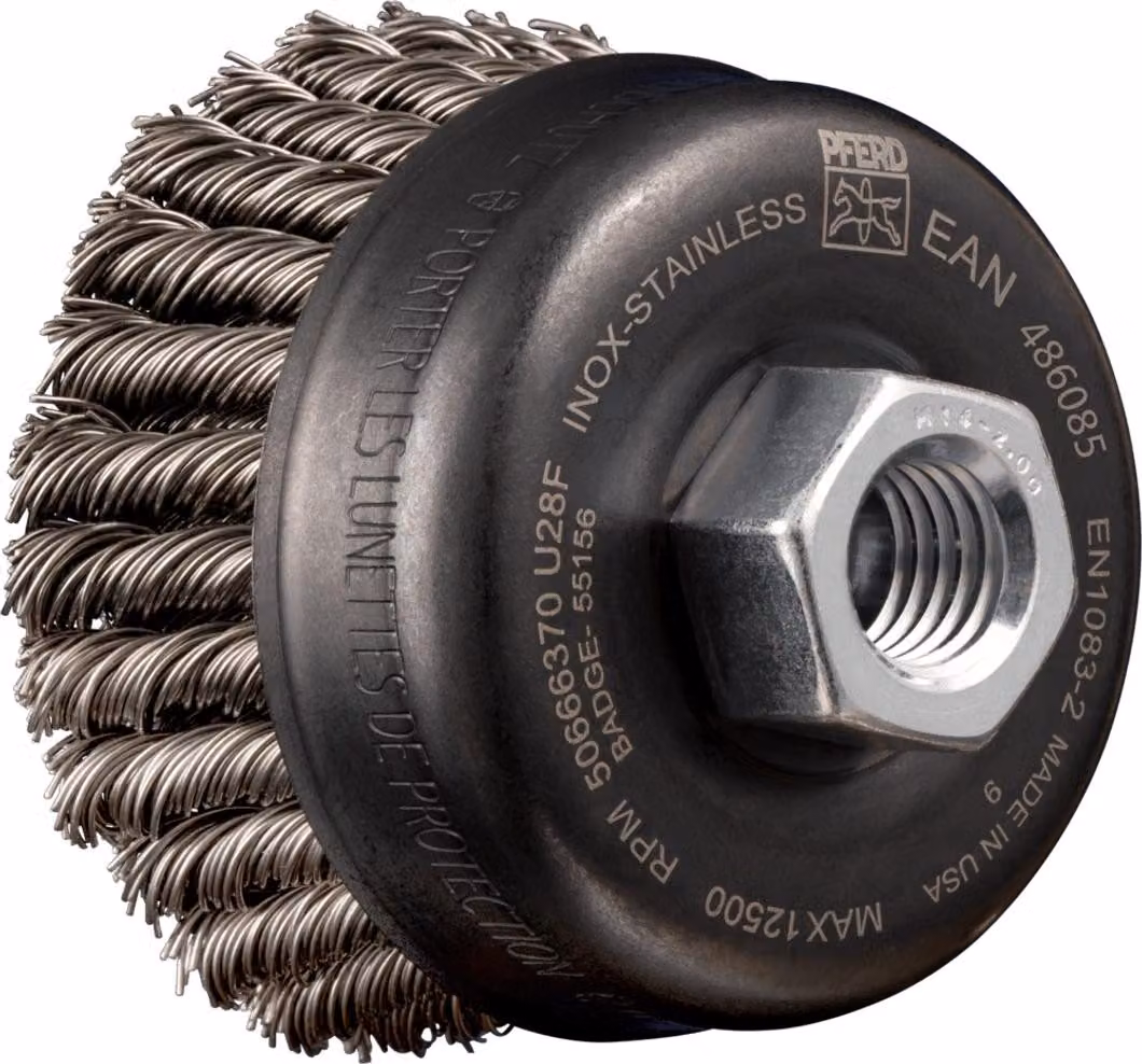 PFERD TOOLS POS Spazzola a tazza a 2 file annodate TBG HD Ø 65 mm M14 filo di acciaio inox Ø 0,50 mm Smerigliatrice angolare