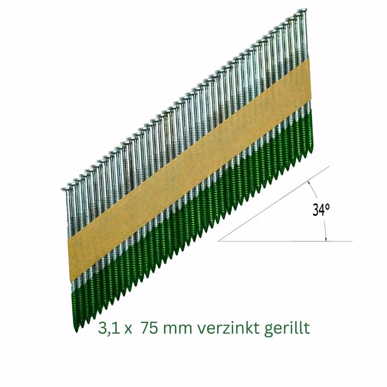Chiodi a striscia 34° 2000 pezzi 3,1 x 75 mm, testa a D, zincati e scanalati, compatibili con Milwaukee, Tjep e Hikoki