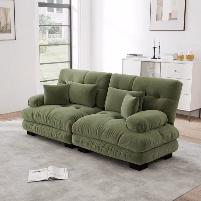 Divano Angolare 2 Posti in Tessuto Chenille ¨C MINIMAL ¨C Verde, Cuscini, Legno Massello