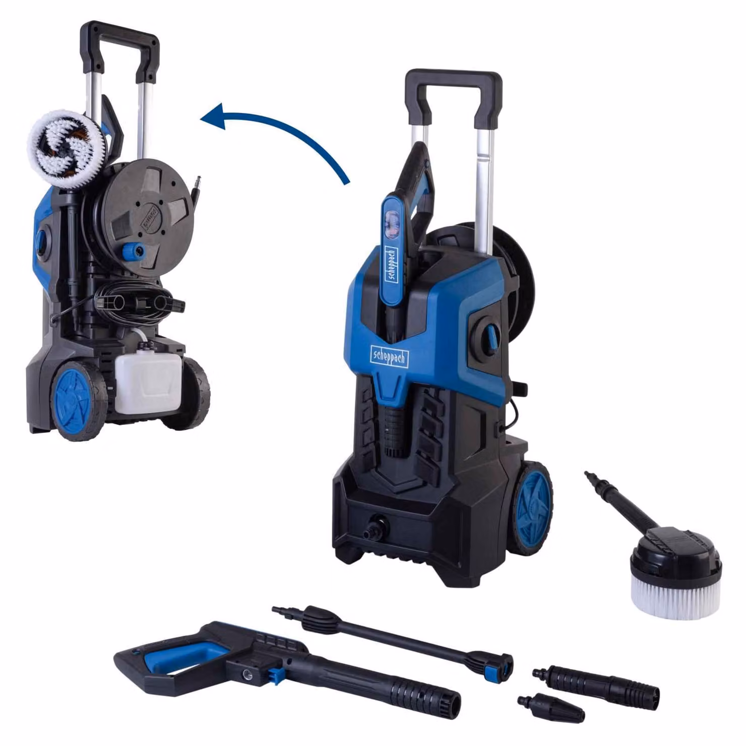 SCHEPPACH SHD180, idropulitrice elettrica, 2400 W, pressione massima 180 bar, portata 480 l/h, tubo antitorsione da 8 metri, serbatoio detergente da 800 ml, ugello regolabile, set di collegamento rapido