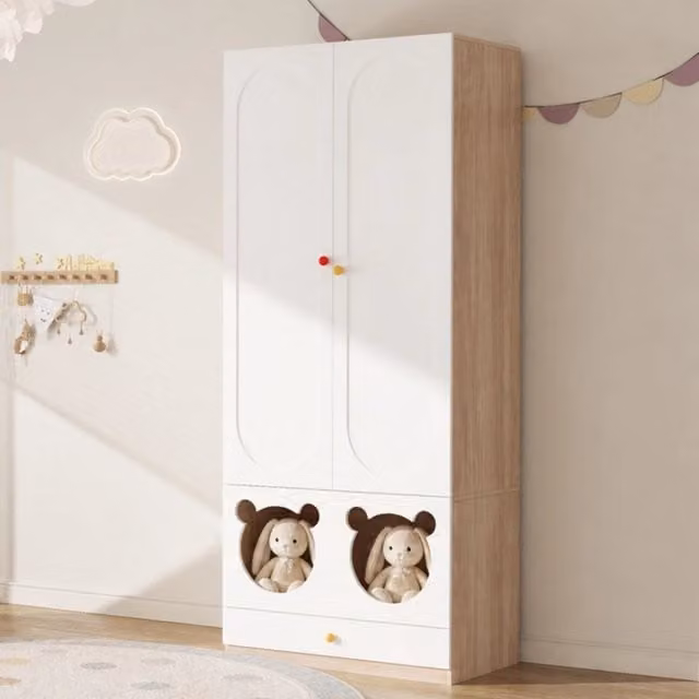 Armadio a 2 ante per bambini, 80x50x200 cm, con appendino e cassetti, finitura laccata bianco-legno