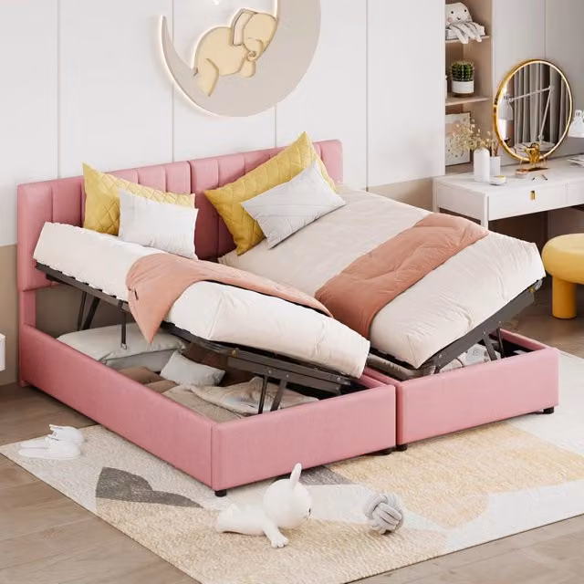 Letto matrimoniale imbottito 180x200 cm rosa con contenitore e apertura idraulica