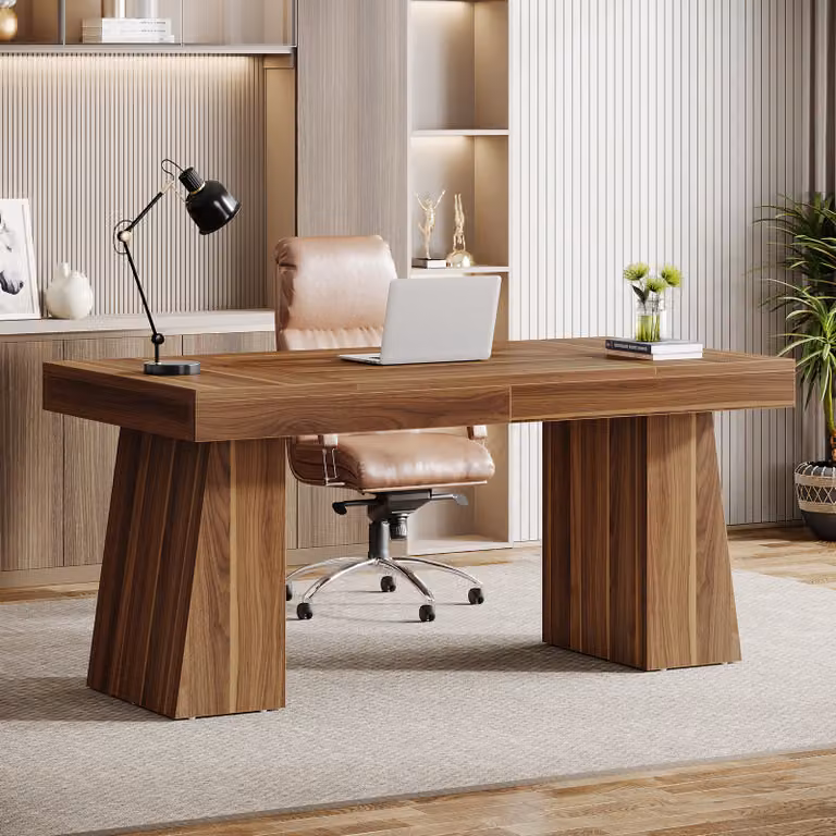 Tribesigns Scrivania da 140 cm, scrivania moderna per ufficio domestico con doppia base trapezoidale, scrivania in legno per computer, postazione di lavoro business, marrone