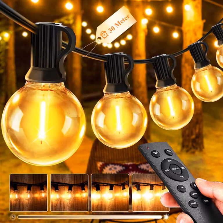 Catena luminosa da 30 metri, modello G40, con 40+2 LED, luce bianco caldo, dimmerabile, grado di protezione IP44