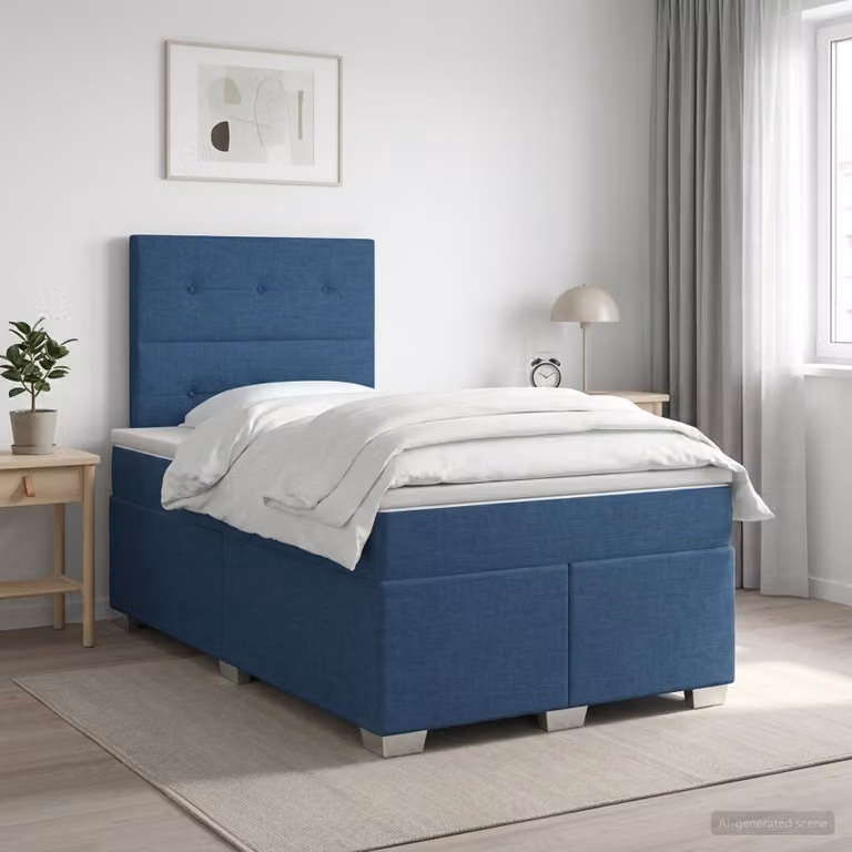 Letto box spring con materasso vidaXL in tessuto blu e bianco, L 120 cm x P 200 cm
