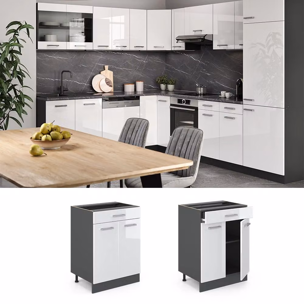Mobiletto base per cucina Vicco R-Line Bianco lucido e Antracite con cassetto e ante a battente L: 60 cm – 2