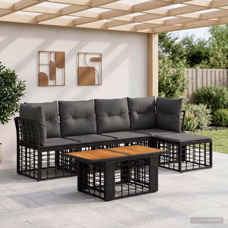 Set Divano da Giardino vidaXL 6 pz in Polyrattan con Cuscini, Colore Nero e Grigio
