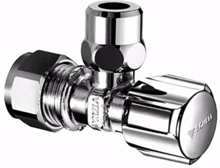 Valvola di regolazione angolare Schell COMFORT cromo, con raccordo a compressione KIWA 1/2" x 15 mm