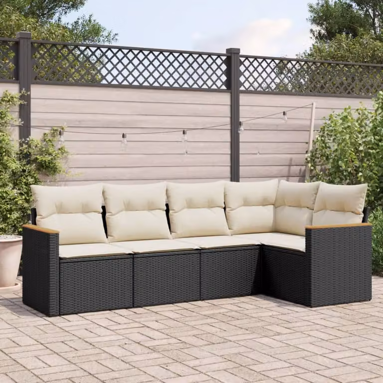 Set di Divani da Giardino a L vidaXL 5 pz con Cuscini in Polyrattan e Struttura in Acciaio Nero
