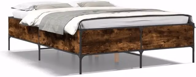 Letto matrimoniale in legno e metallo stile industrial, Rovere Fumo, L: 140 cm x P: 200 cm
