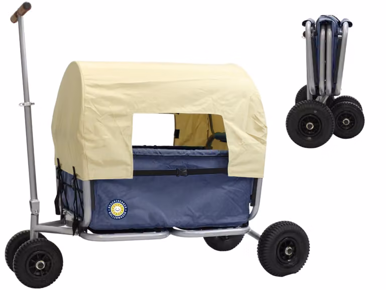 Carrello pieghevole Beachtrekker LiFe, carrello a mano pieghevole (blu) + freno di stazionamento + tettuccio parasole