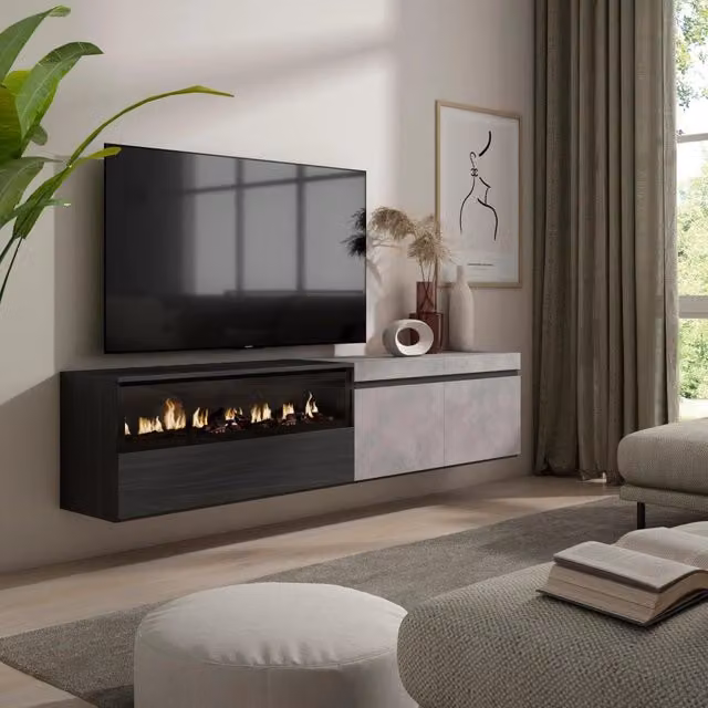 Mobile TV, 200x35x45cm, soggiorno, Per TV fino a 80", Camino elettrico, da appendere, grigio cemento RF2237