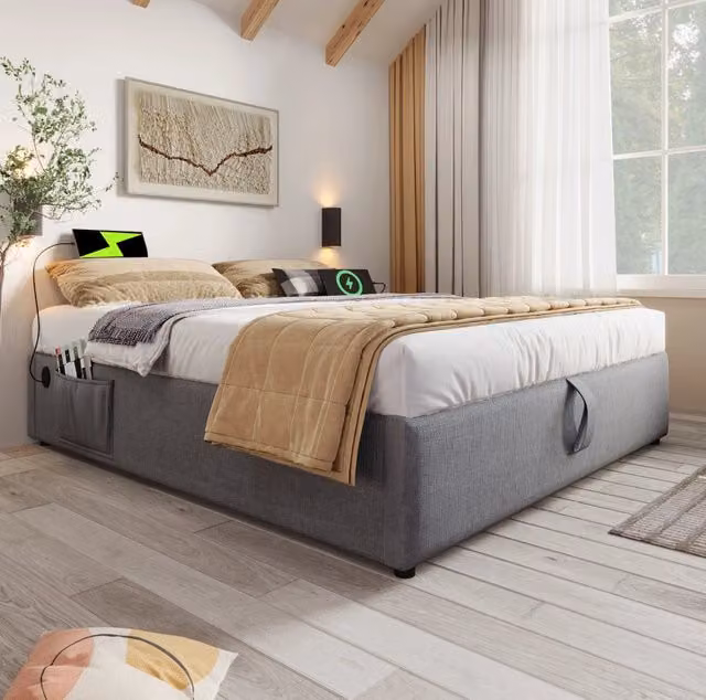 Letto contenitore 140x200 cm con USB e Type-C; senza testiera; grigio