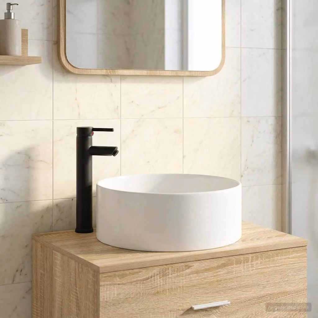 Lavabo quadrato in ceramica vidaXL con rubinetto e scarico Nero Opaco L/P/H: 40,5 x 40,5 x 15,5 cm