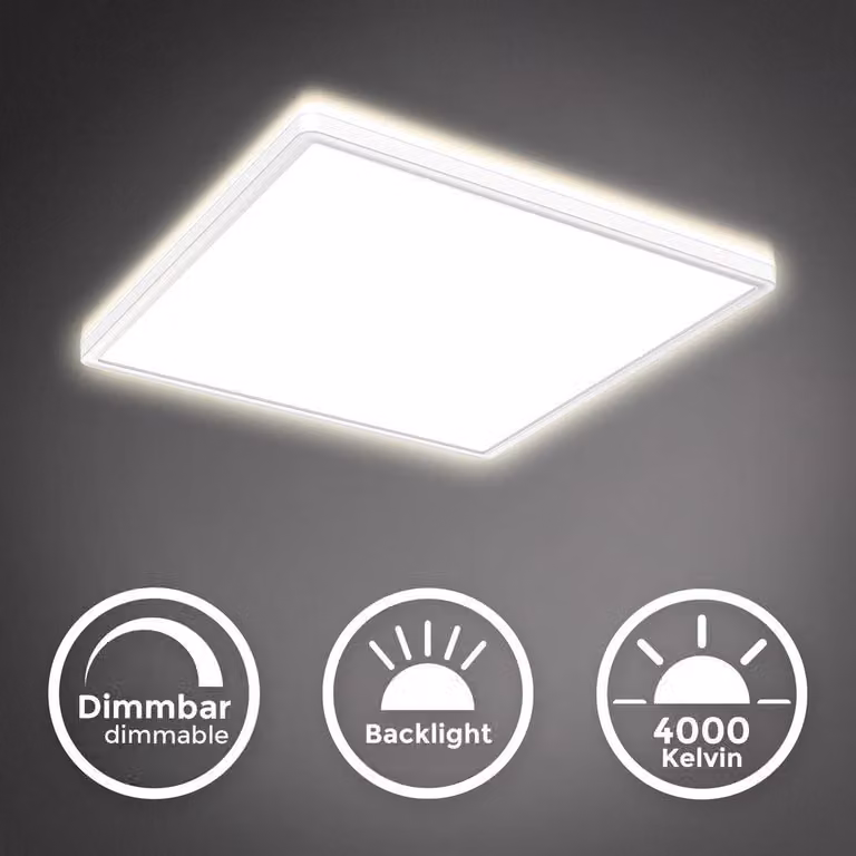 B.K.Licht Plafoniera LED dimmerabile su 3 livelli, 22W 3000Lm, Luce bianca neutra 4000K, Ultrapiatta Illuminazione indiretta, Pannello LED, Funzione di memoria, Lampada da soffitto quadrata lato 42cm