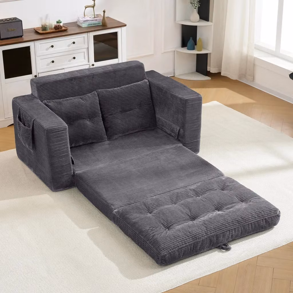 Divano letto Mivray a 2 posti estraibile in velluto a coste grigio con tasche portabevande e braccioli larghi – 2