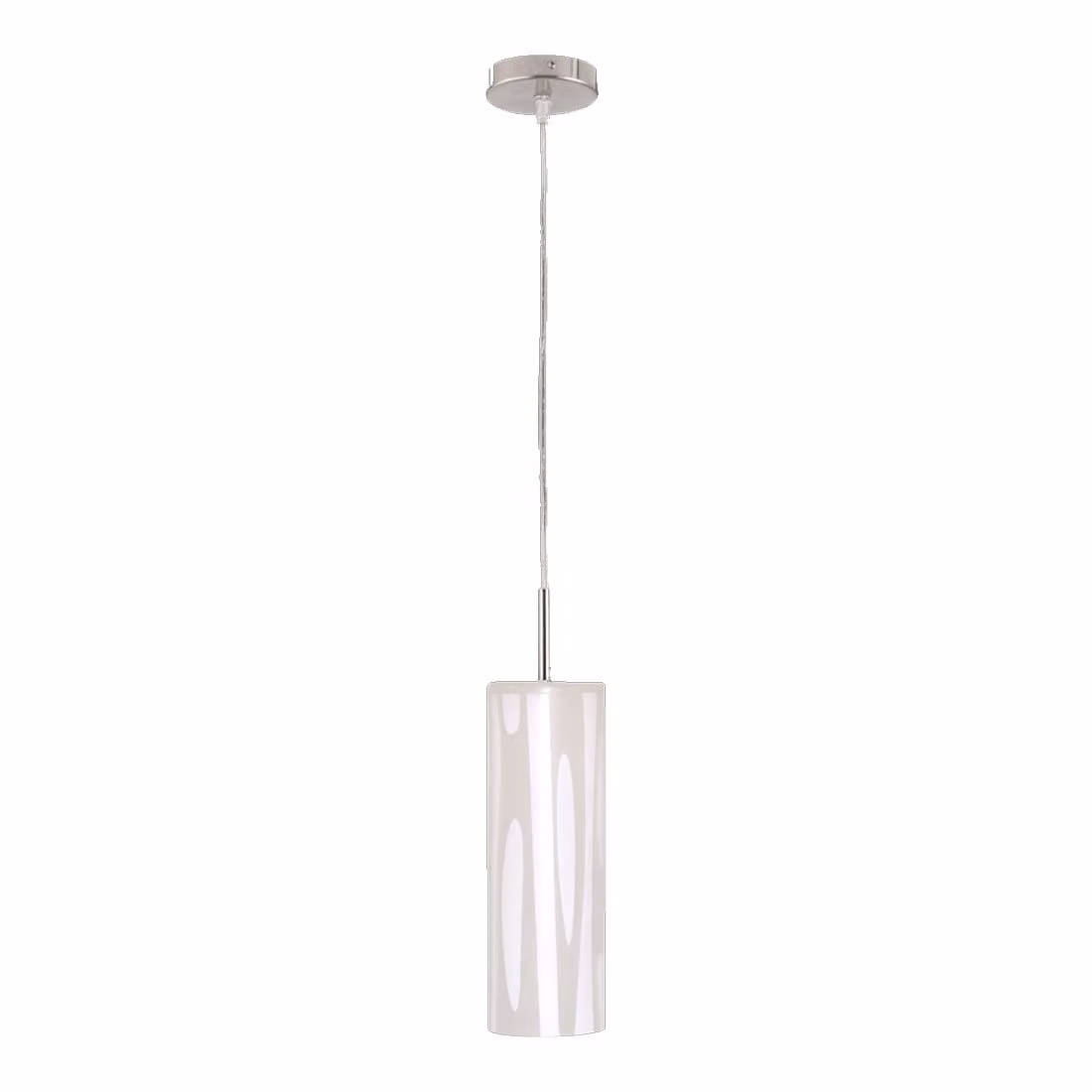 Lampada a sospensione SOLEI, 1 attacco E27/40W, finitura nickel satinato/bianco opaco. Dimensioni: lunghezza 140, larghezza 140, altezza 1080. Dimmerabile