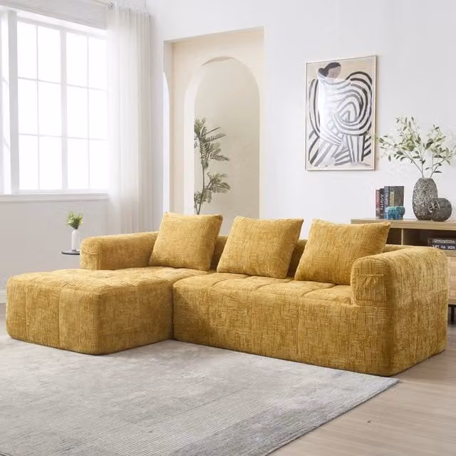 Divano modulare 3 posti con chaise longue senza montaggio tasche laterali in ciniglia giallo 250 × 158 × 60 cm