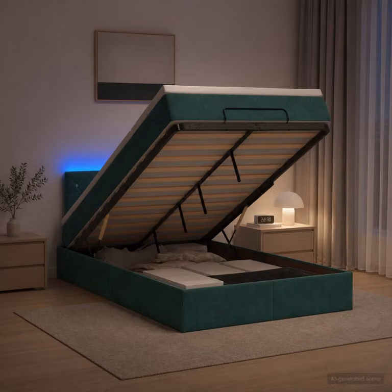 vidaXL Letto Ottomano con Materasso Ibrido e Illuminazione LED Verde Scuro L: 200 cm, P: 120 cm, H: 88 cm