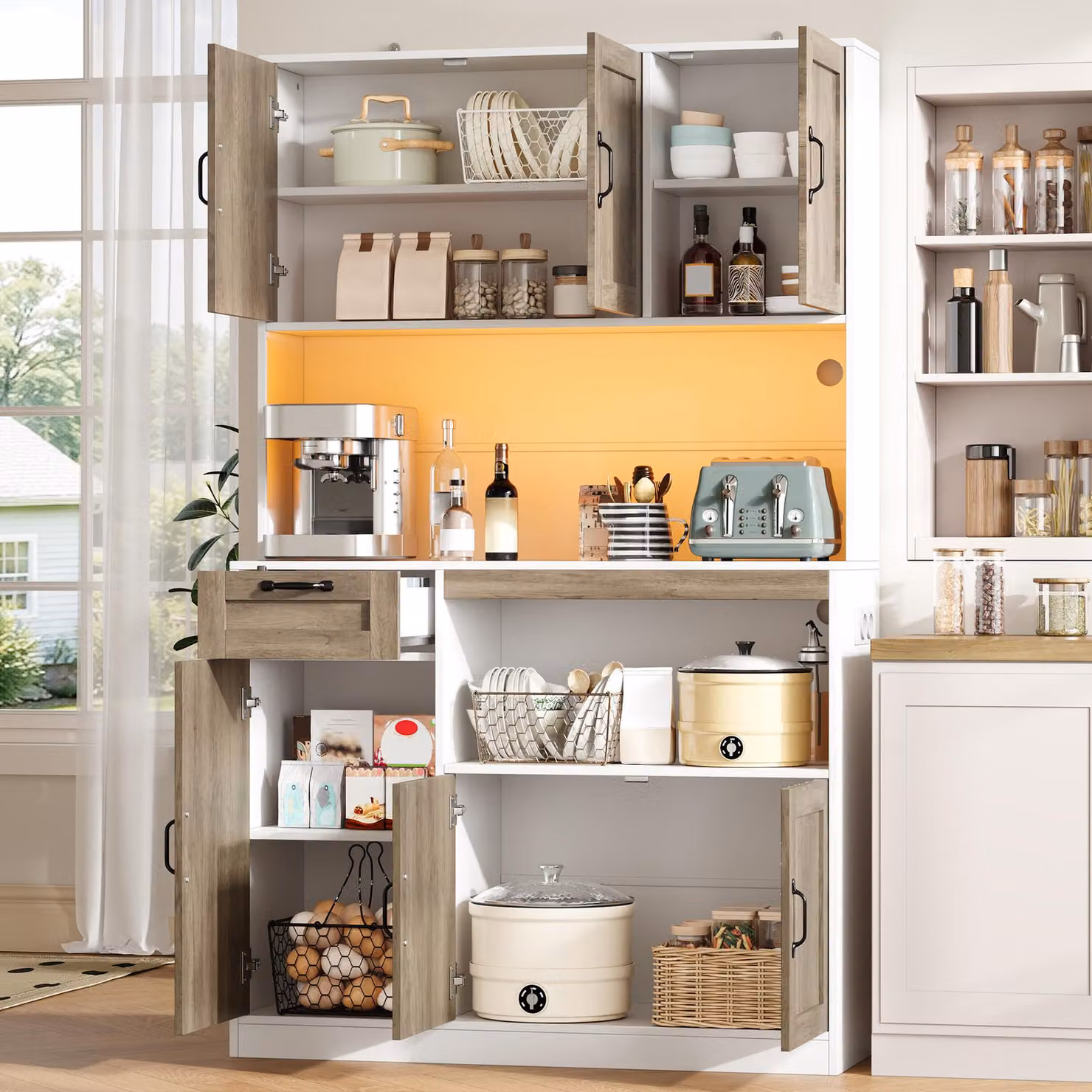 MODFU, mobiletto buffet da 110x40x180 cm, mobiletto alto con illuminazione a LED, dispensa/mobiletto da cucina con presa di corrente, 6 ante e 1 cassetto, bianco e naturale
