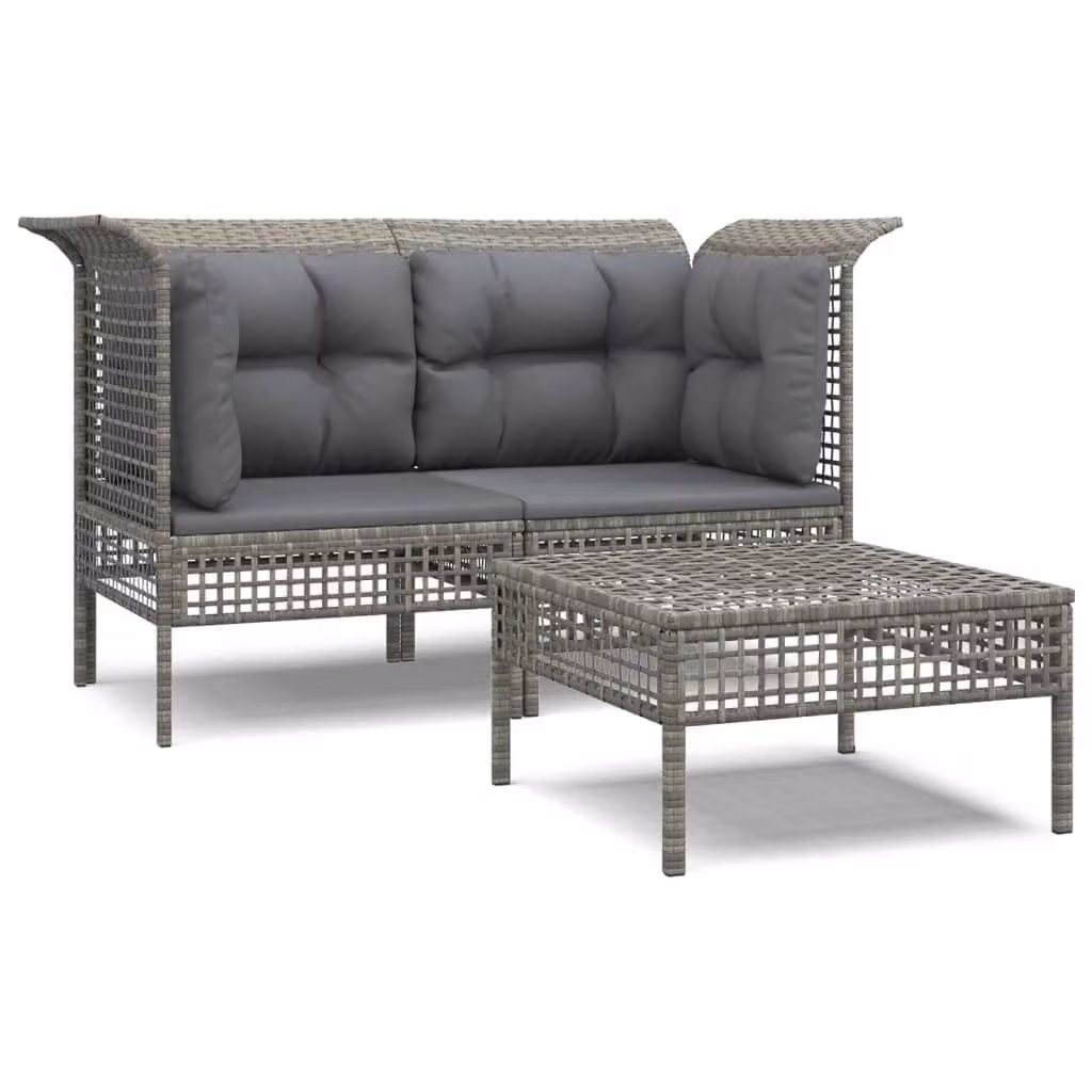 Set Divani da Giardino 3 pz con Cuscini in Polyrattan Grigio