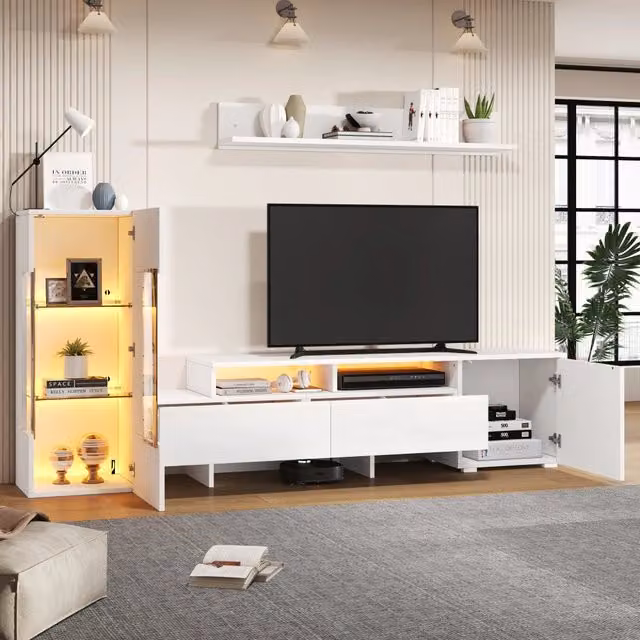 Set mobile porta TV con LED e fronti lucide, 1 anta, 2 cassetti e 2 vani aperti, stile moderno, per soggiorno, bianco