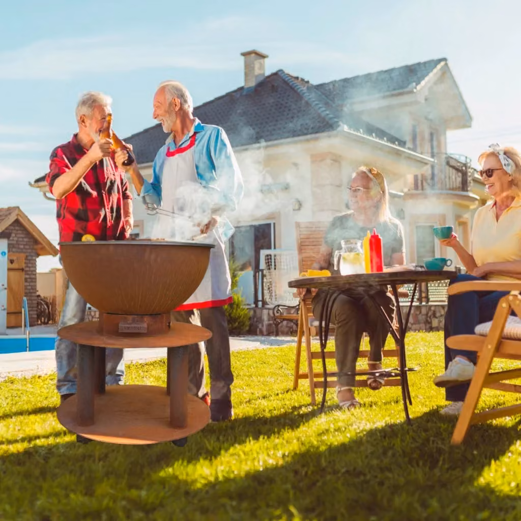 Barbecue a Legna e a Carbone Stromboli GIORDANOSHOP in Acciaio Corten Marrone con Accessori, Ruote e Griglia Riscaldante, Ø 75 cm, H 86 cm – 2