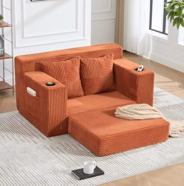 Pouf divano in corduroy arancione con tasche laterali; 151x133x64 cm