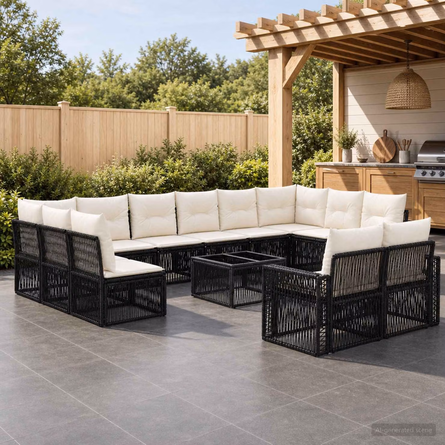 Set Divano da Giardino vidaXL 13 pz a Forma a L con Poltrona, Elementi Angolari e Tavolino, Colore Nero e Bianco Crema, Struttura in Metallo e Polyrattan con Cuscini Inclusi