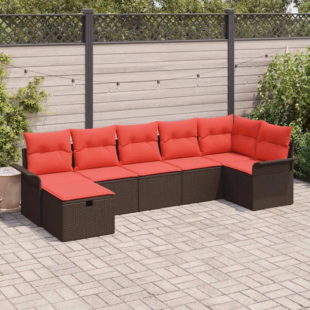 Set Divano da Giardino vidaXL 7 pz in Polyrattan Marrone e Rosso con Cuscini e Tavolino da Esterno