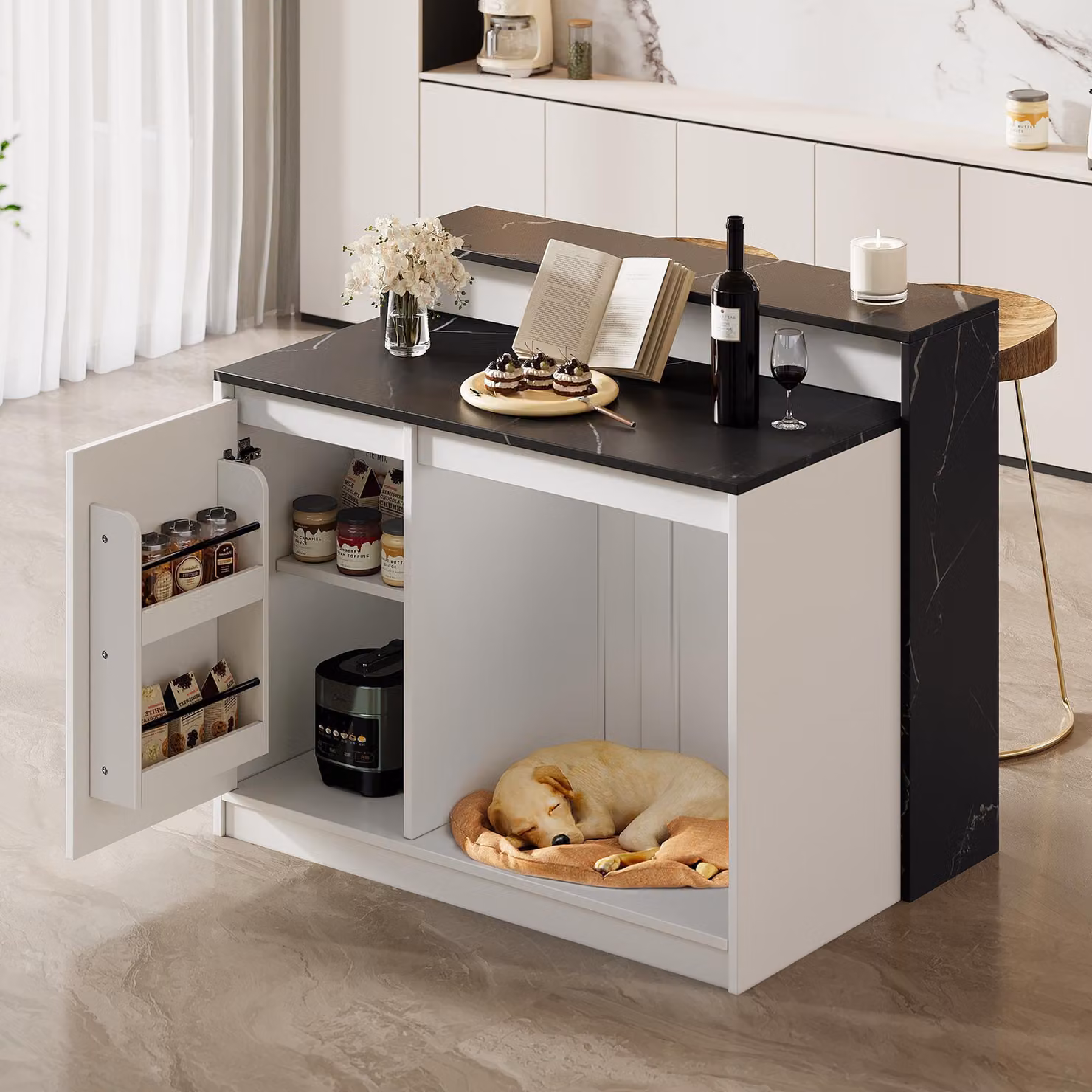 MODFU Isola da cucina Isola da cucina con spazio contenitivo Tavolo da cucina Mobile da cucina con zona relax per animali domestici Effetto marmo Bianco e nero
