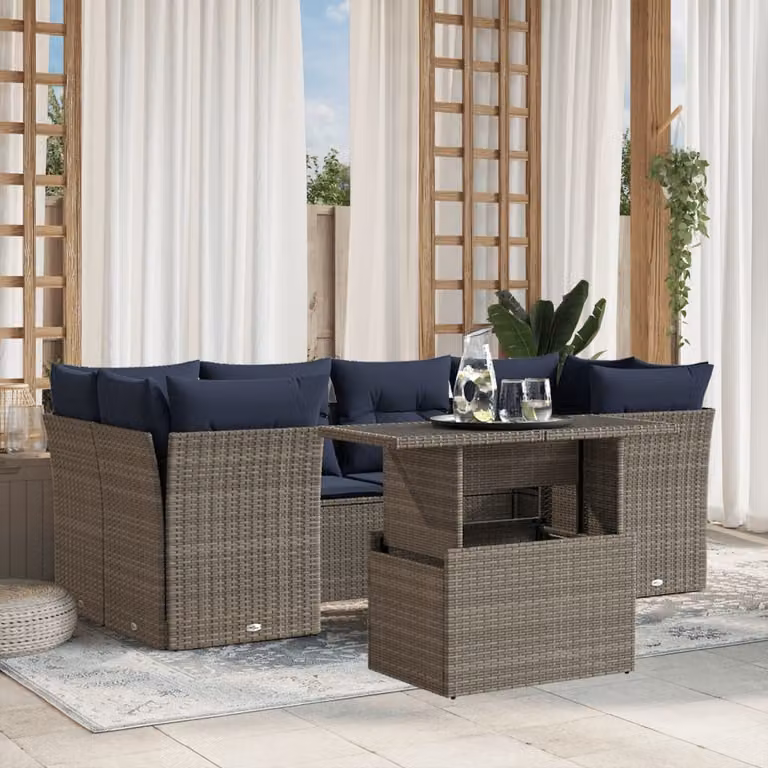 Set di divani da giardino vidaXL in polyrattan grigio con cuscini e tavolino da esterno a forma di L