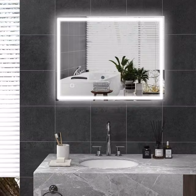 Specchio da bagno REDOM rettangolare con luce LED, comando touch e funzione antiappannamento, Argento, L: 90 cm, H: 70 cm