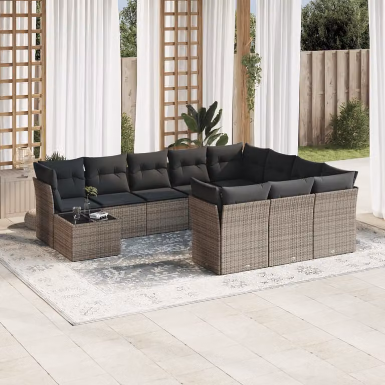 vidaXL Set Divani da Giardino a Forma di U 11 pz con Cuscini e Tavolino, Polyrattan Grigio
