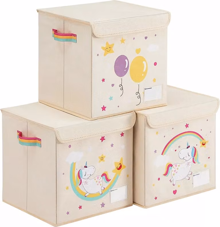 In And OutdoorMatch Scatola portaoggetti per bambini Unicorno - Con coperchio - Cestini portaoggetti - Set di 3 scatole portaoggetti - Pieghevole - Crema