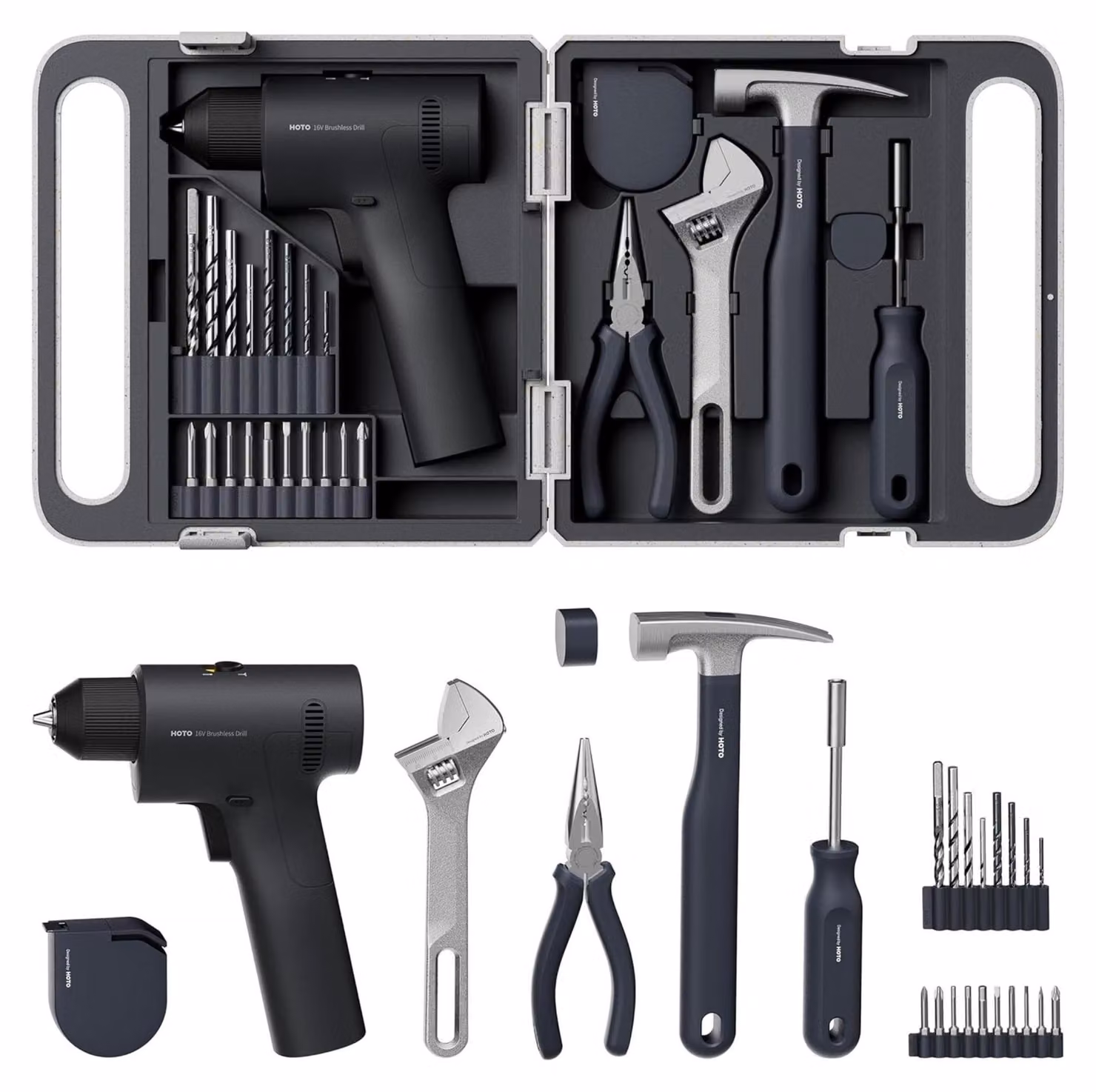 Trapano avvitatore a batteria Hoto da 16V con set di accessori, fornito in valigetta portatile