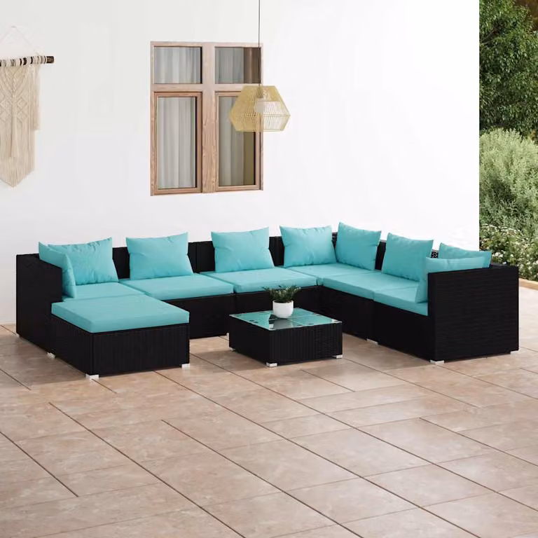 Set Divani da Giardino vidaXL 8 pz in Polyrattan Nero con Cuscini Blu e Tavolino da Esterno