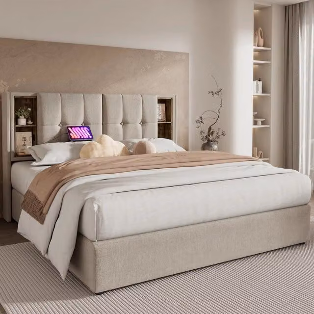 Letto Contenitore Matrimoniale Imbottito con Ricarica USB-C ¨C MINIMAL ¨C 140x200, Rete a Doghe in Legno