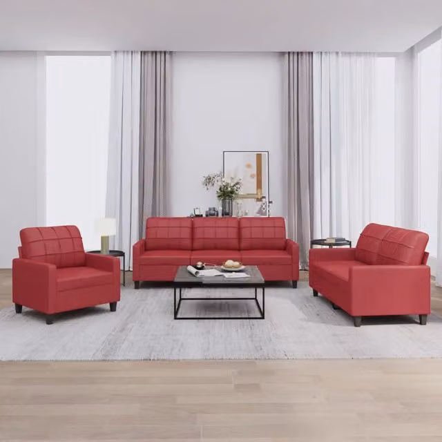 Set di divani 3 pezzi vidaXL in similpelle rossa con cuscini per soggiorno in stile moderno – 1