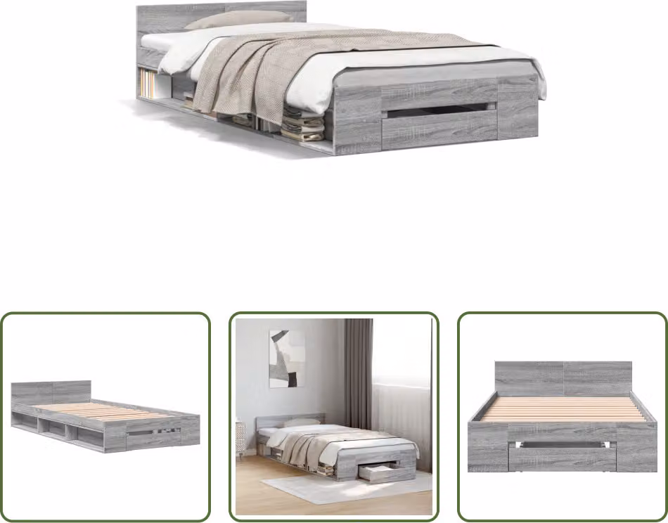 The Living Store Struttura letto con cassetto Grey Sonoma 100x200 cm in materiale ligneo