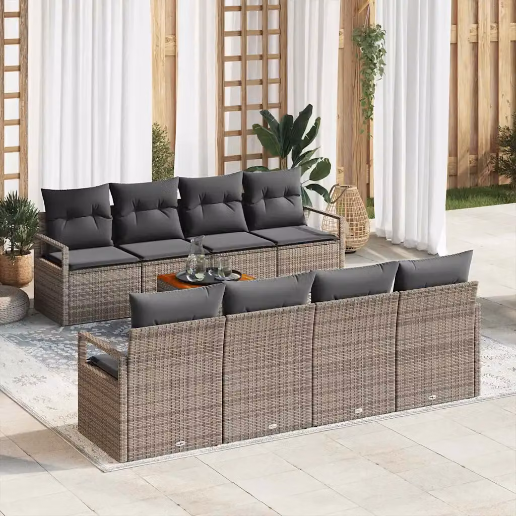 Set Divano da Giardino vidaXL 9 Pezzi Grigio con Cuscini e Tavolino da Esterno in Polyrattan e Acciaio – 1