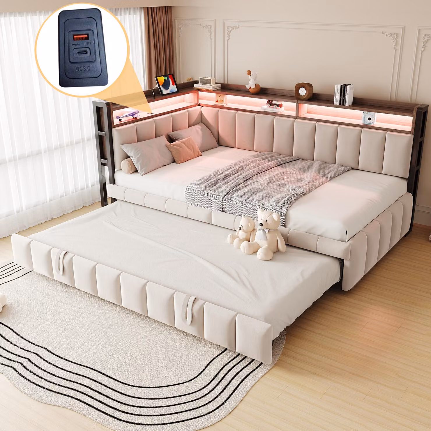 Divano letto 90 x 200 cm con letto estraibile, illuminazione a LED, scomparti portaoggetti, porte USB e di tipo C, rete a doghe e rivestimento in velluto, color beige, con motivo a righe